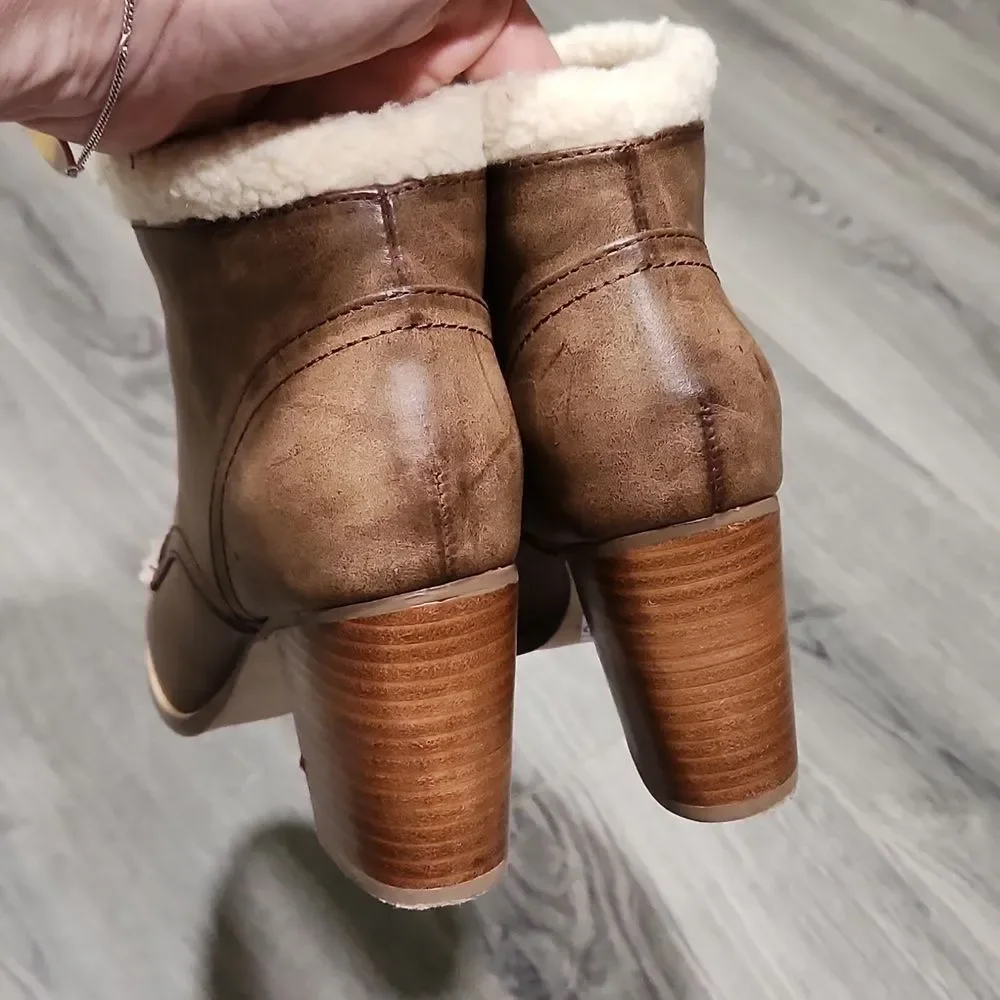 Restricted Brown Leather Sherpa Heeled Booties